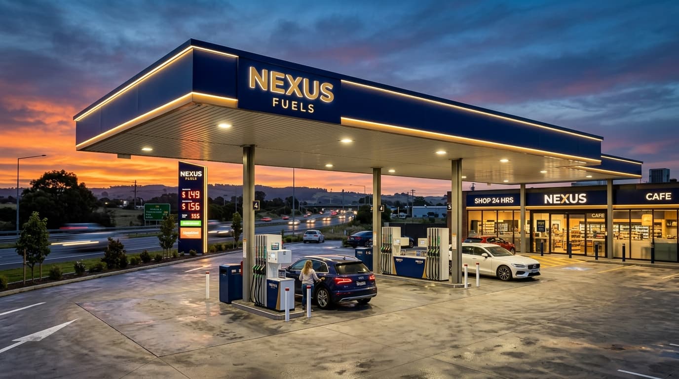 T Energy retail petroleum station forecourt illuminated at dusk with canopy and digital fuel dispensers