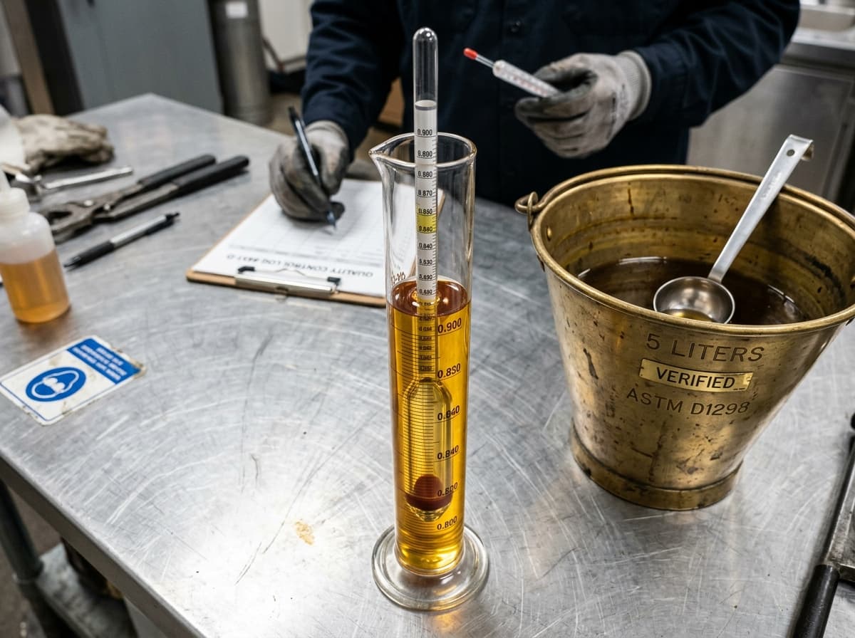 Petroleum fuel quality control inspection with calibrated glass hydrometer density test and brass 5-liter volumetric measure