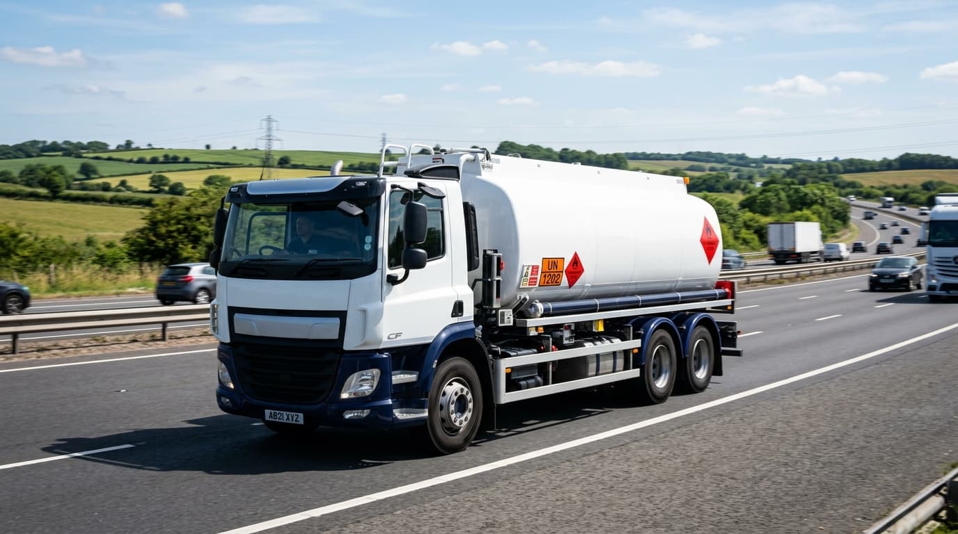 T Energy calibrated commercial fuel tanker bowser delivering petroleum along Pakistani highway